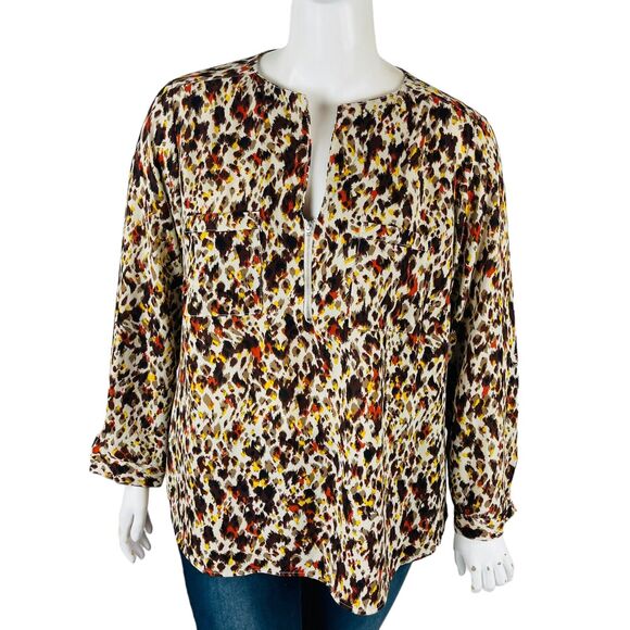 Valerie Stevens Womans Sz 2X Plus Blouse Brown Long Sleeve V Neck Animal - Picture 1 of 9